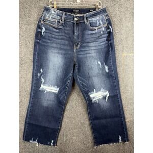 Judy Blue Women 14W High Rise Wide Leg Crop Frayed Raw Hem Jeans Dark Wash Boho